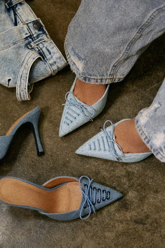 Nyla Pointed Toe Mule Heels - Light Denim Strap - Up Sandal Resort Style  