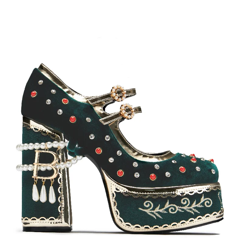 Boleyn’s Revenge Bejewelled Velvet Heels - Green Comfortable Derby Style  