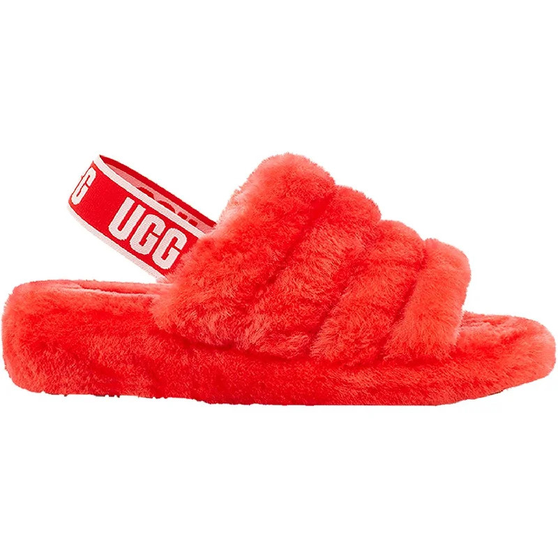Women's UGG Fluff Yeah Slide Red Currant Sheepskin Business Monk Strap Style  