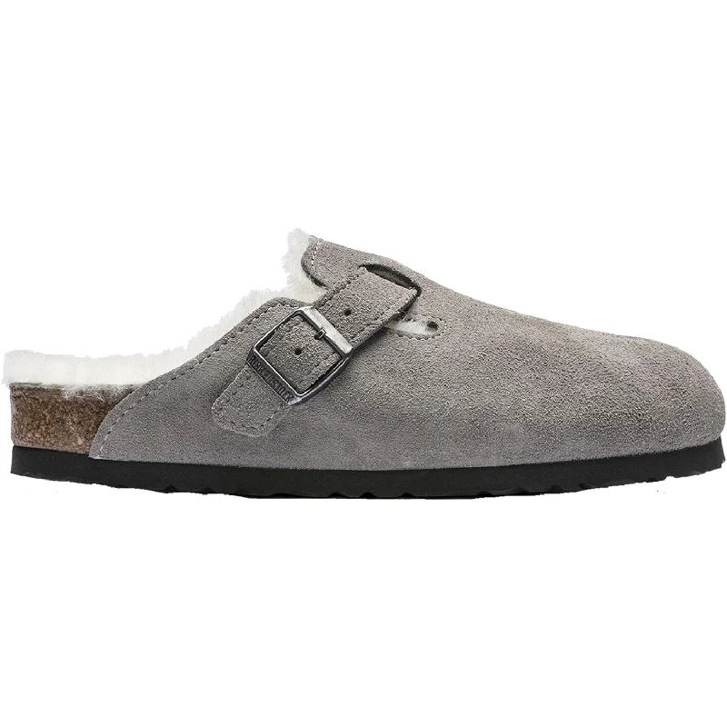 Unisex Birkenstock Boston Shearling Stone Coin Suede / Natural Shearling Moccasin Soft - Sole Style  