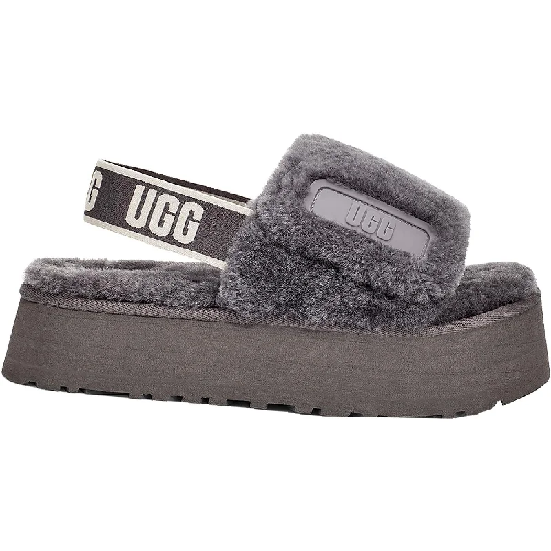 Women's UGG Disco Slide Dark Grey Sheepskin Open - Lacing Derby Look  
