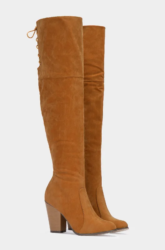 Roadie Over The Knee Block Heel Boots - Tan Paisley Print Shoe Design  