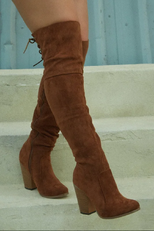 Roadie Over The Knee Block Heel Boots - Brown Suede Patchwork Shoe Aesthetic  