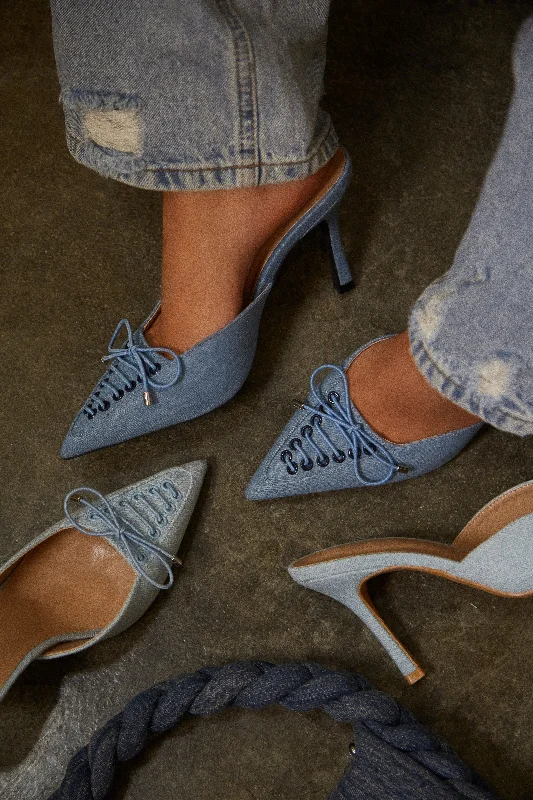 Nyla Pointed Toe Mule Heels - Denim Business Monk Strap Style  