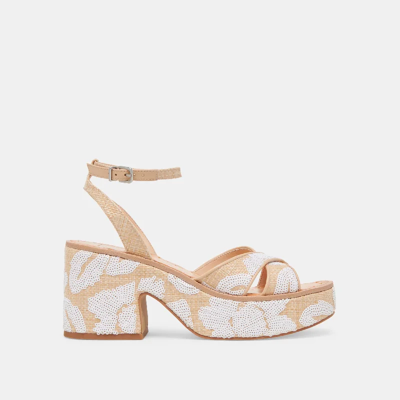 ENIKO HEELS NATURAL MULTI FLORAL SEQUIN Loose - Fit Slipper Style  