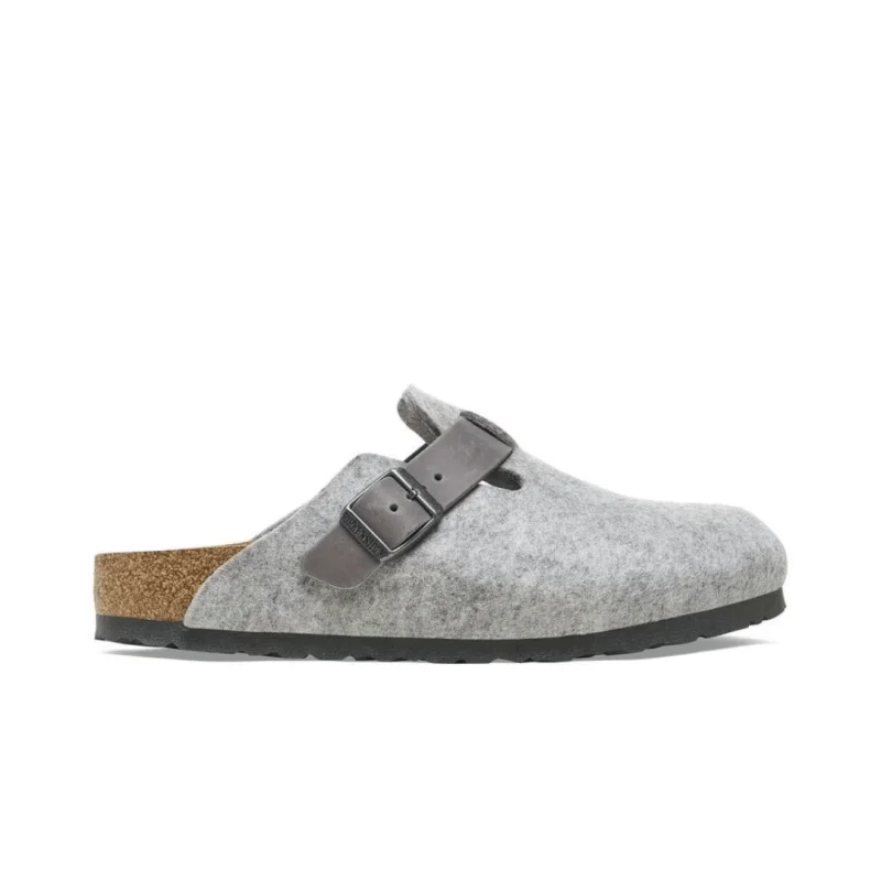 Birkenstock Women's Boston - Light Gray Wool/Leather Quilted Shoe Design  