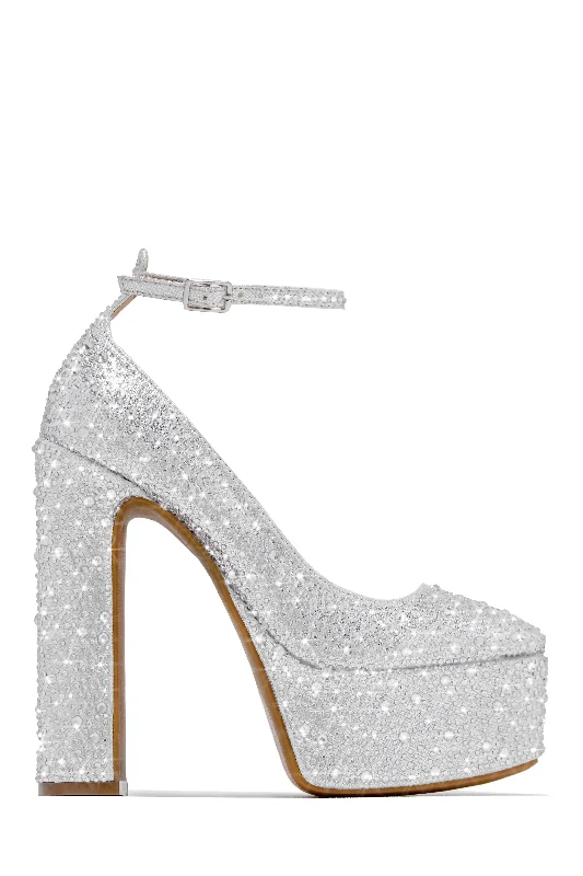 Amarya Embellished Platform Block High Heels - Silver Tassel Driving Shoe Look 