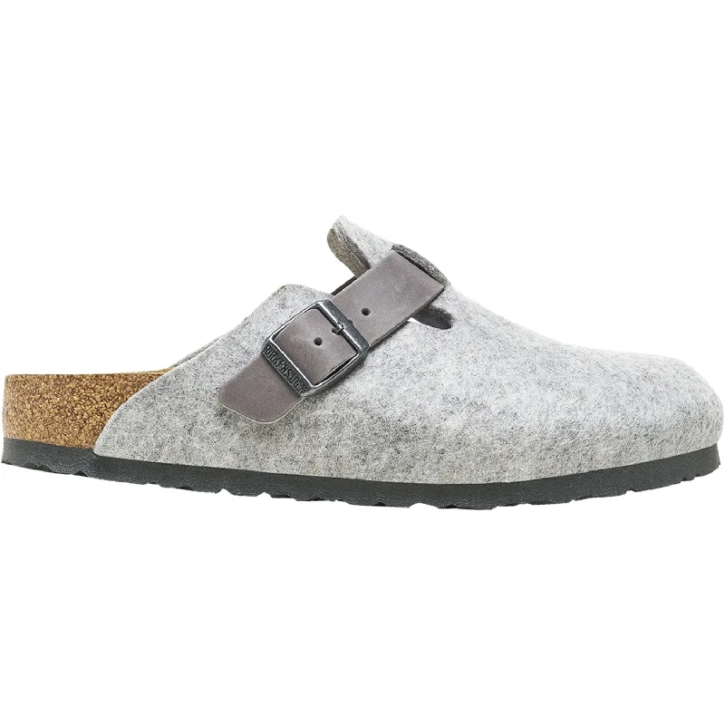 Women's Birkenstock Boston Light Grey Wool Felt/Iron Oiled Leather Monochromatic Shoe Look  