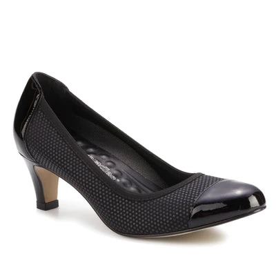 Joanna Pump: Black Print Fabric with Patent Leather I Walking Cradle Buckle -