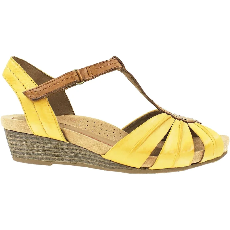 Women's Rockport Cobb Hill Hollywood Pleated T-Strap Yellow Leather Aesthetic  