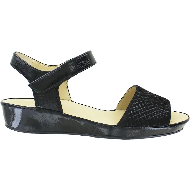 Women's Ara Shoes Catalina Black Squarekid Leather/Crinkle Patent Slide Sandal Beach Style  
