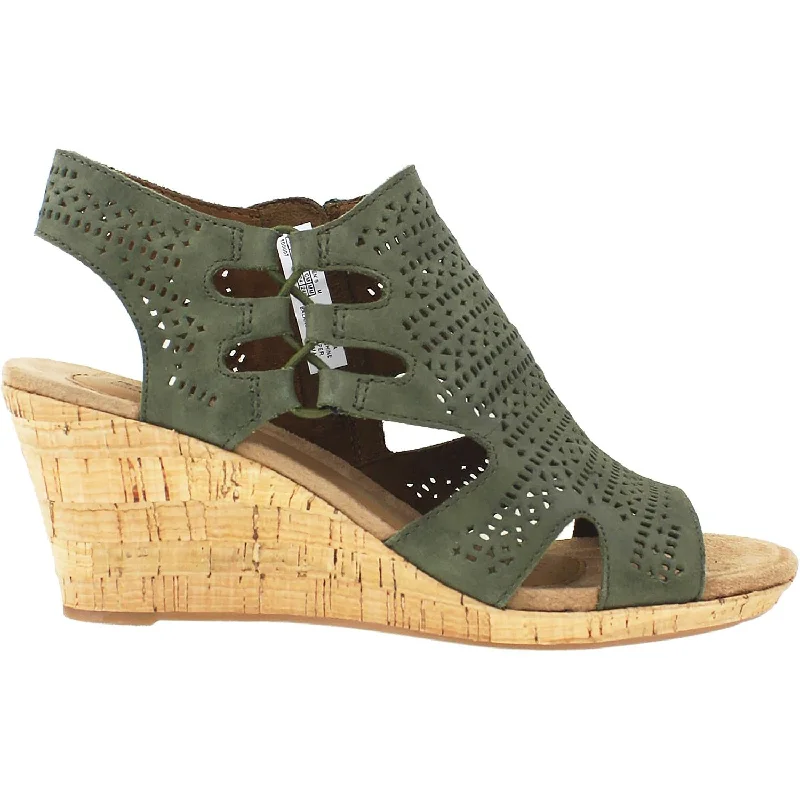 Women's Rockport Cobb Hill Janna Perf Bootie Green Nubuck Vintage Oxford Appeal 