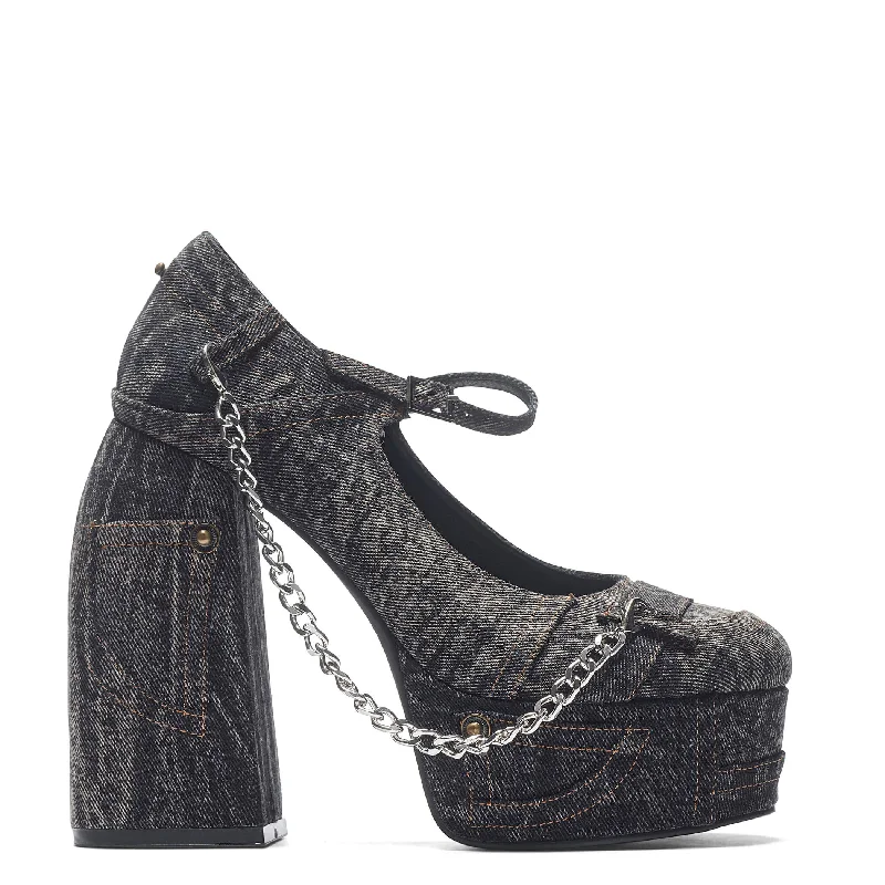 Faded Denim Platform Heels - Black Striped Shoe Style  