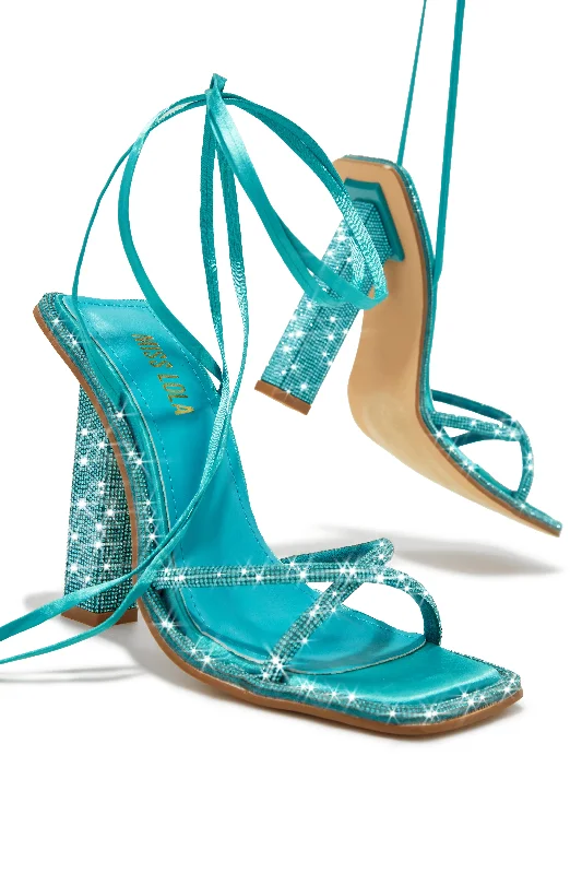 Crystal Embellished Lace Up High Heels - Aqua Chunky Platform Sneaker Style  