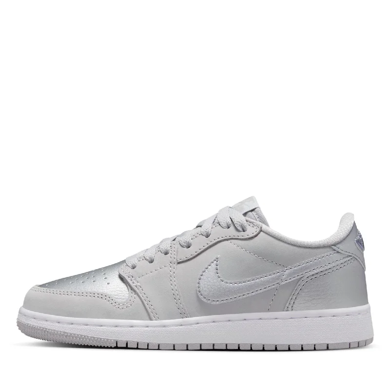 Air Jordan 1 Retro Low OG 'Silver' (GS) - Neutral Grey/Metallic Silver Strap - Up Sandal Resort Style  