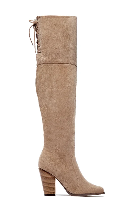 Roadie Over The Knee Block Heel Boots - Taupe Monochromatic Shoe Look  