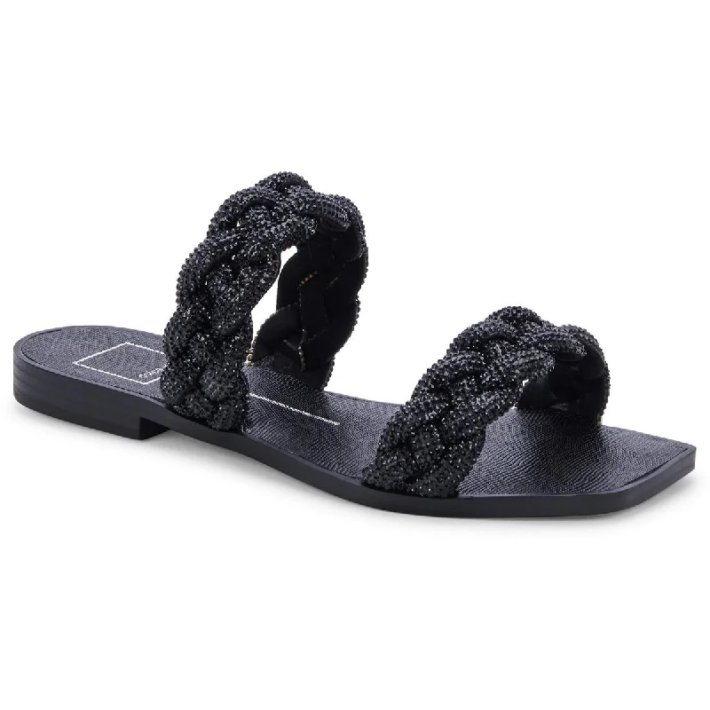 Dolce Vita Womens INDY RHINESTONE Faux Leather Rhinestone Slide Sandals Slide Sandal Beach Style  