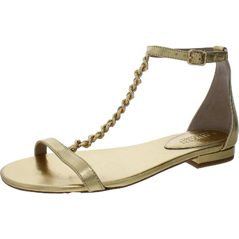 Lauren Ralph Lauren Womens Elise Leather Flat Ankle Strap Metallic Trim Shoe Design  