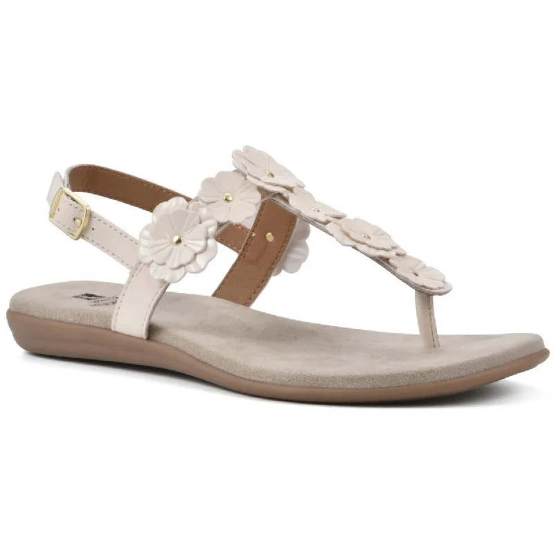 White Mountain Womens LIFT OFF Faux Leather T strap Flatform Sandals Embroidered Cowboy Boot Design  