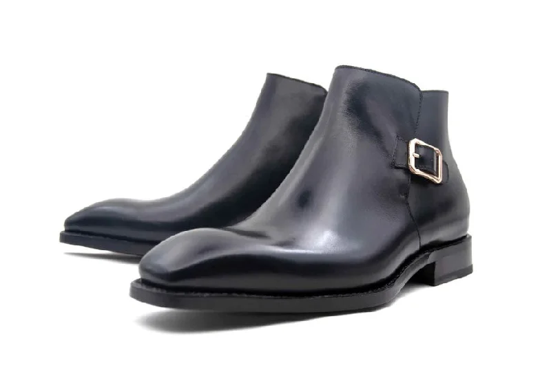 "Americano" Burnished Calfskin Slip-On Boot Black Single - Buckle Monk Look  