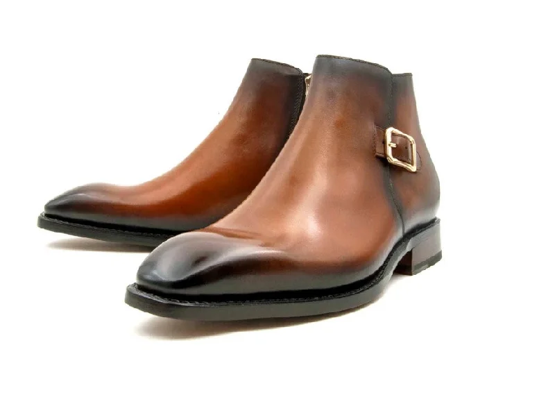 "Americano" Burnished Calfskin Slip-On Boot Caramel Elastic - Sided Chelsea Look  