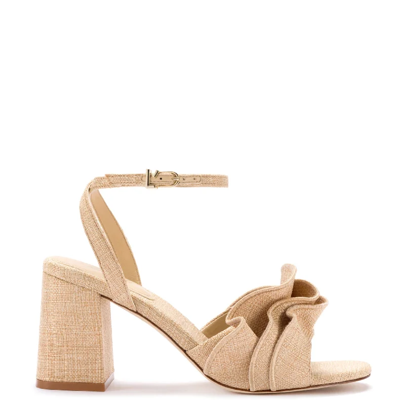Selena Ruffle Sandal In Beige Raffia Strap - Up Sandal Resort Style  