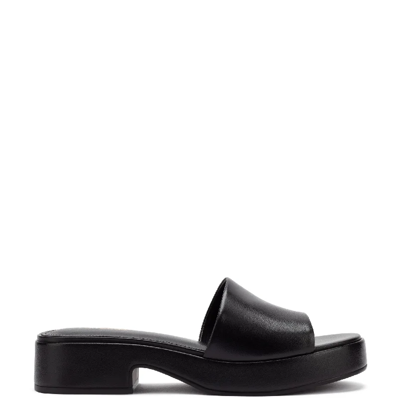 Athena Flatform Sandal In Black Leather Beaded Moccasin Design 
