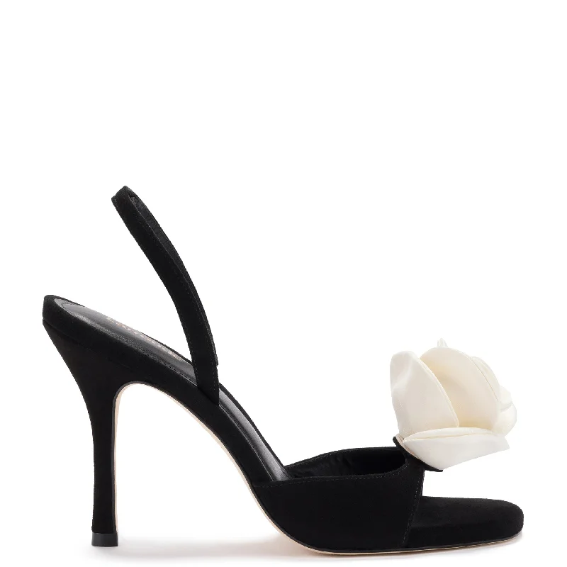 Salma Sandal In Black Suede and Ivory Satin Buckle -