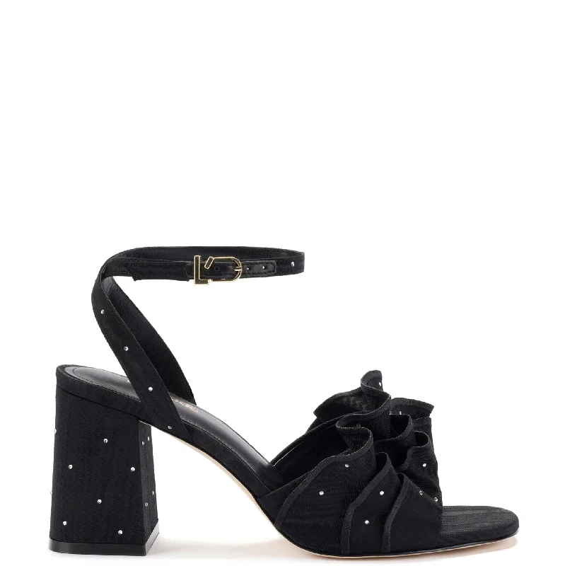 Selena Ruffle Sandal In Black Fabric and Crystals Business Monk Strap Style  