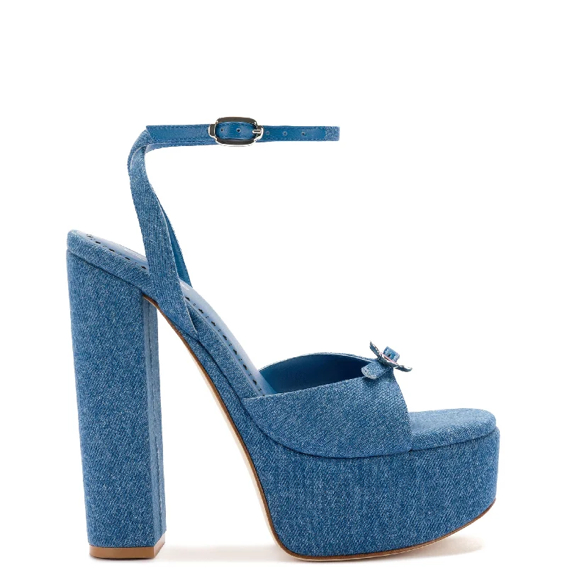 Daisy Platform In Blue Stoned Denim Combat - Inspired Military Boot Look  