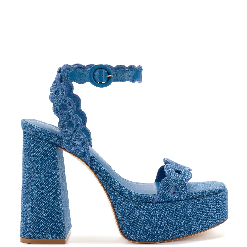 Dolly Broderie Sandal In Blue Stoned Denim Combat - Inspired Military Boot Look  