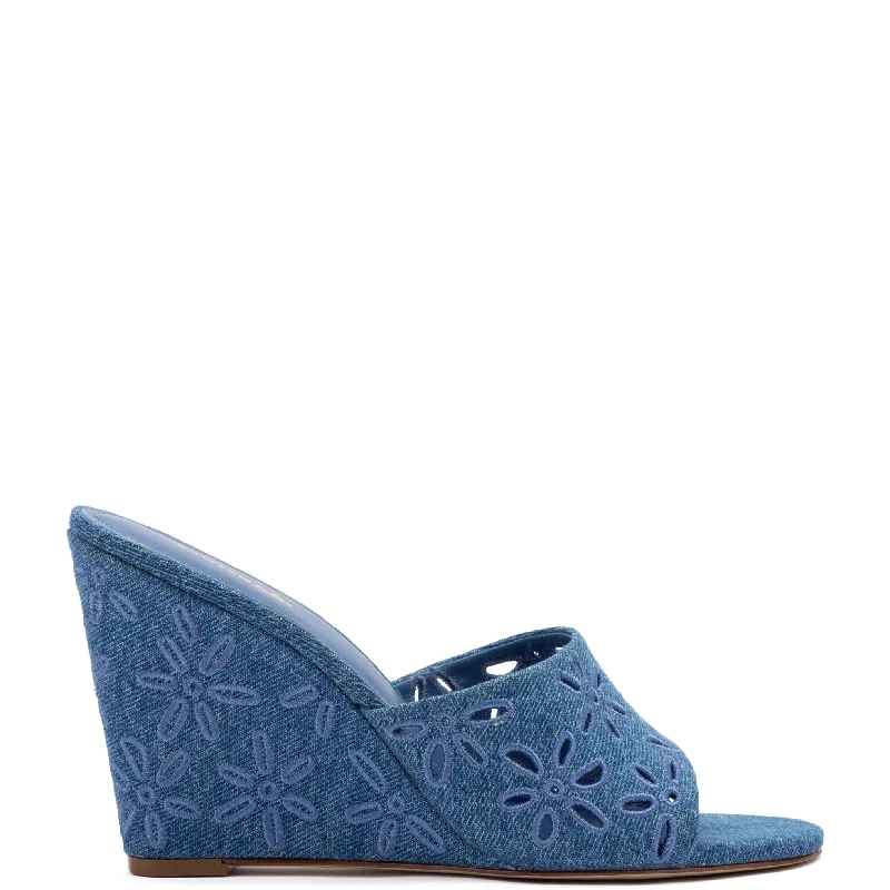 Jackie Wedge In Blue Denim Slide Sandal Beach Style  