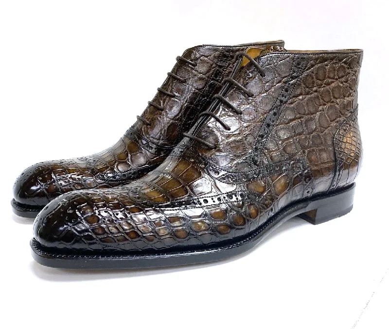 Burnished Alligator Lace-Up Wingtip Boot Brown Memory - Foam Slipper Look  