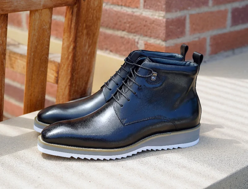 Burnished Calfskin Lace-Up Boot Black Hip - Hop Sneaker Style  