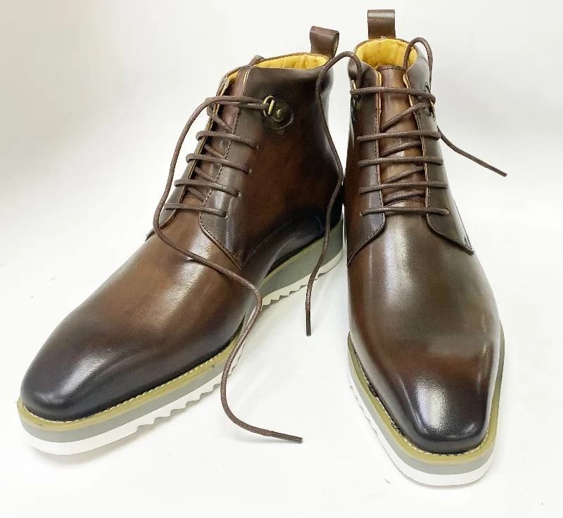 Burnished Calfskin Lace-Up Boot Brown Elastic - Sided Chelsea Look  