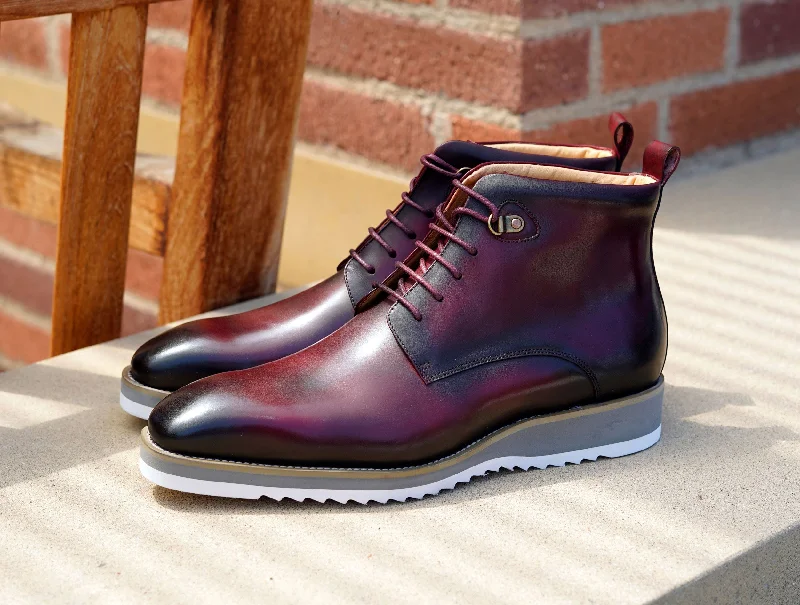 Burnished Calfskin Lace-Up Boot Burgundy Two - Tone Shoe Design  