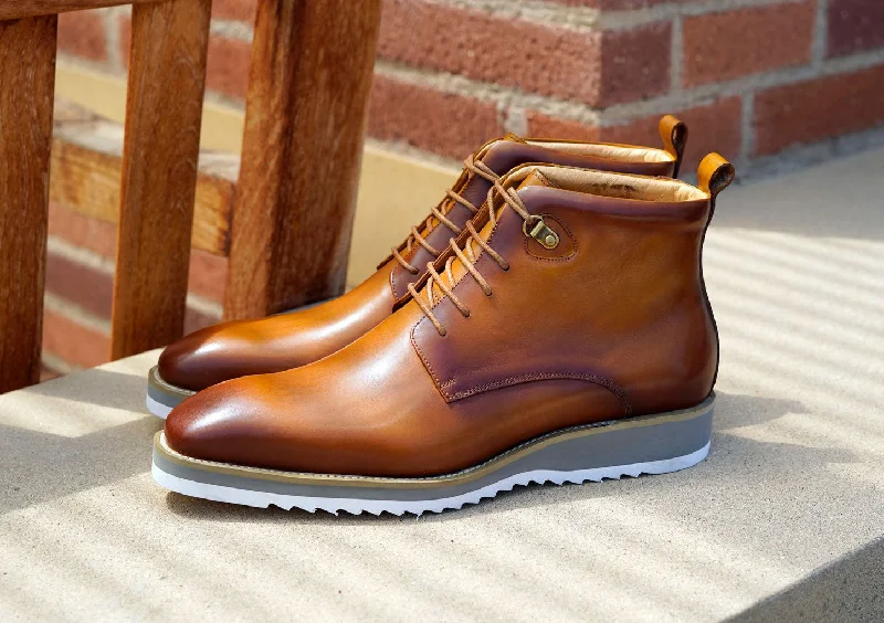 Burnished Calfskin Lace-Up Boot Cognac Quilted Shoe Design  