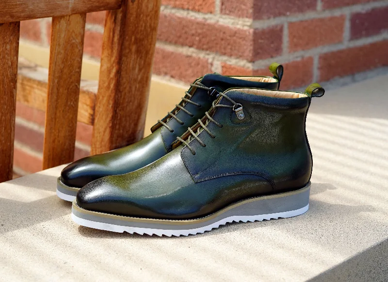 Burnished Calfskin Lace-Up Boot Hunter Green Chunky Platform Sneaker Style  