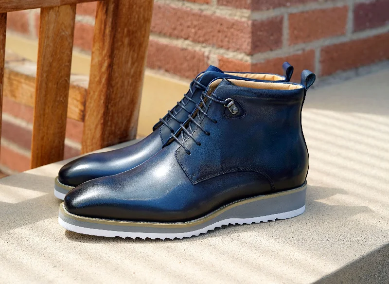 Burnished Calfskin Lace-Up Boot Navy Combat - Inspired Military Boot Look  