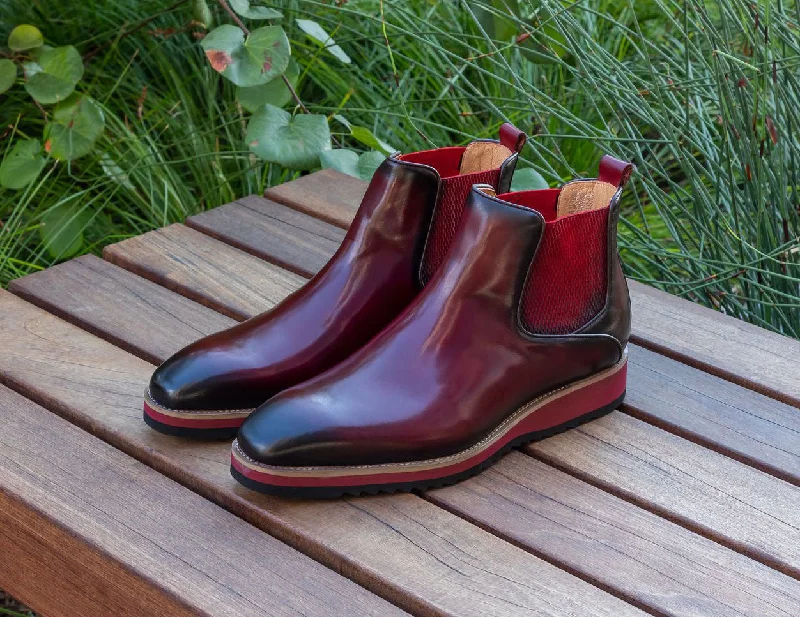 Burnished Calfskin Slip-On Boot Burgundy Tassel Driving Shoe Look 