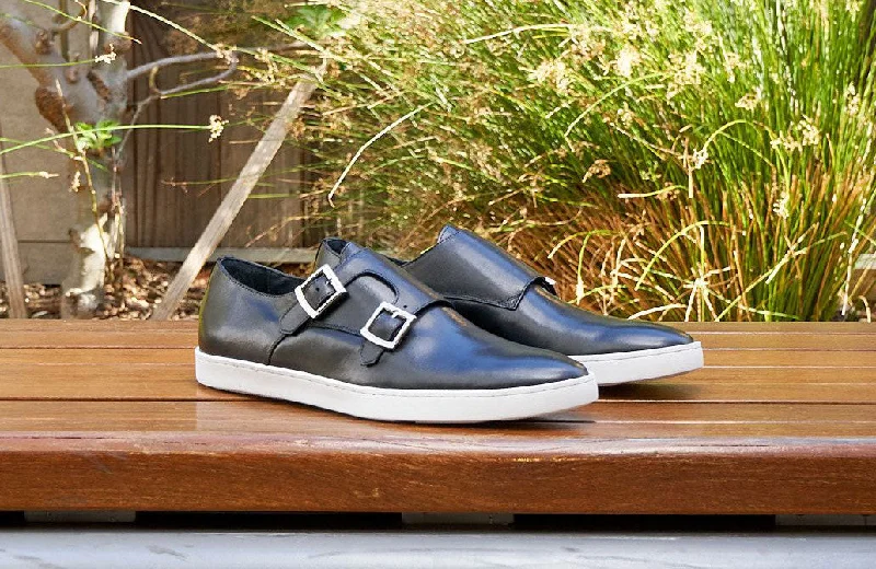 Calfskin Double Monkstrap Shoe Black Wingtip Oxford Design 