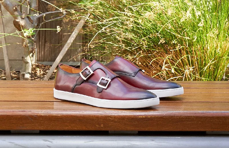 Calfskin Double Monkstrap Shoe Burgundy Casual Loafer Style          