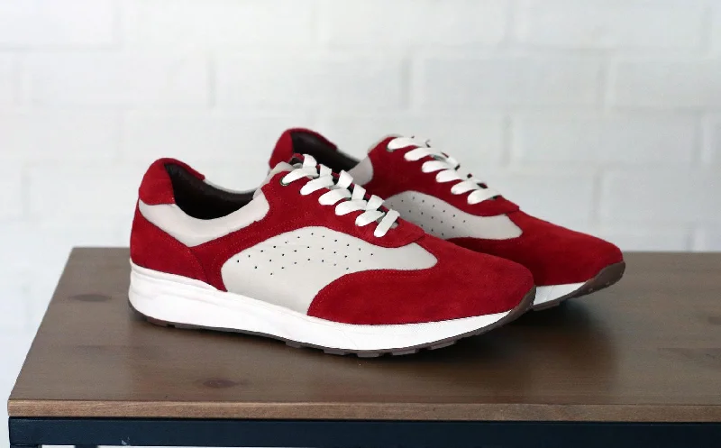 Calfskin & Suede Lace-Up Sneaker Red/Bone Sustainable Shoe Design  