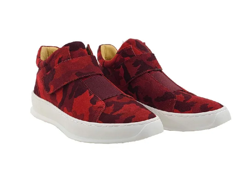Camoflage Printed Suede High Top Sneaker Red Zip - Up Boot Style  