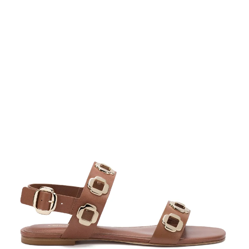 Milan Flat Sandal In Caramel Leather Athleisure Derby Style  