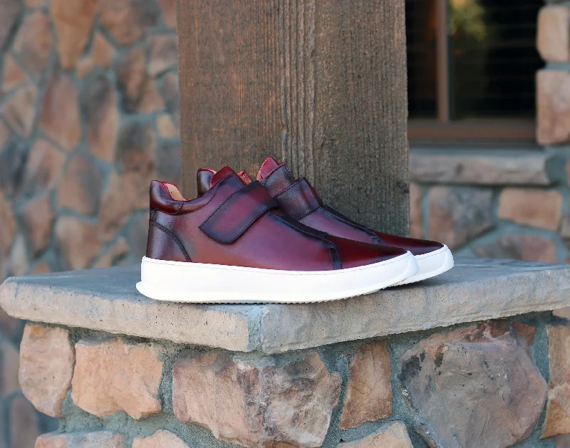 Calfskin High Top Sneaker Burgundy Embroidered Cowboy Boot Design  