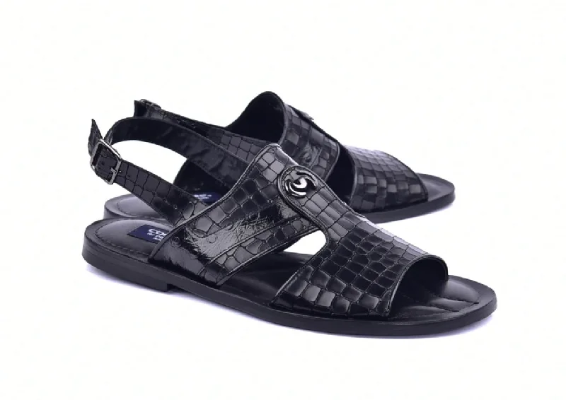 Corrente Crocodile Printed Calfskin Sandal Black Minimalist Sneaker Style  