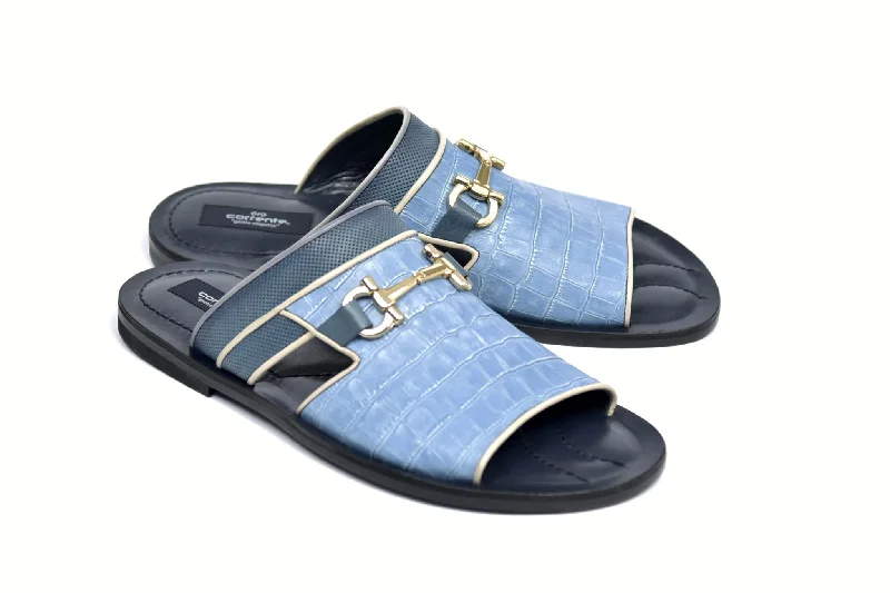 Corrente Crocodile Printed Calfskin Sandal Blue Moccasin Soft - Sole Style  