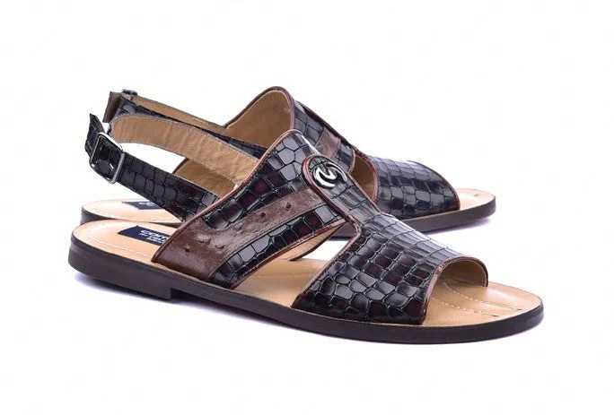 Corrente Crocodile Printed Calfskin Sandal Brown Memory - Foam Slipper Look  