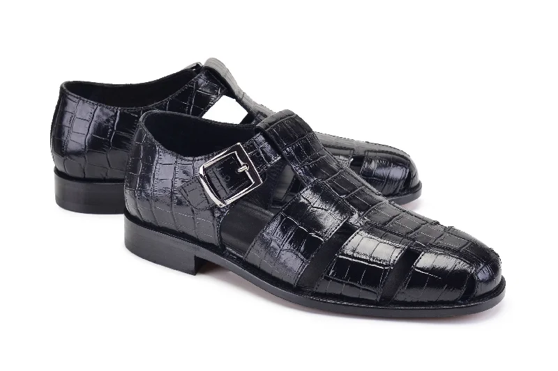 Pelle Crocodile Printed Calfskin Sandal Black Aesthetic  